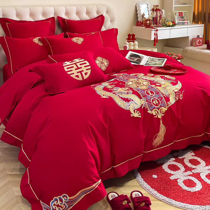 Picture of Y * J Chinese Dragon and Phoenix Embroidery Big Red Wedding Four-Piece Set Wedding Accompanying Cotton Six-Piece Bed Sheet Quilt Cover Bed