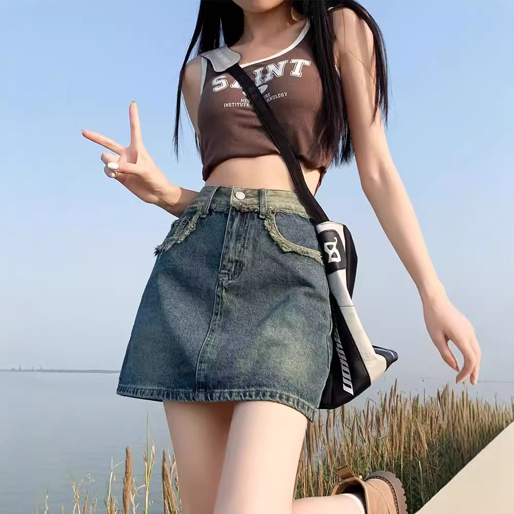 Retro Fur Edge Design Sense Denim Skirt Women's Summer 2024 New High Waist Slim Fit Slim A- line Skirt