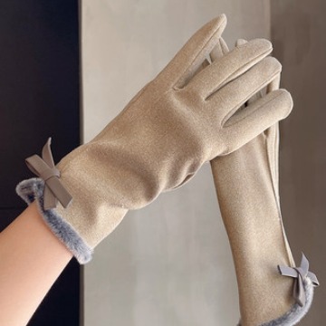 Picture of Gloves Women's Winter Korean-style Cute Bow Fleece-lined Thickened Warm Touch Screen Riding Driving Cold-proof Gloves