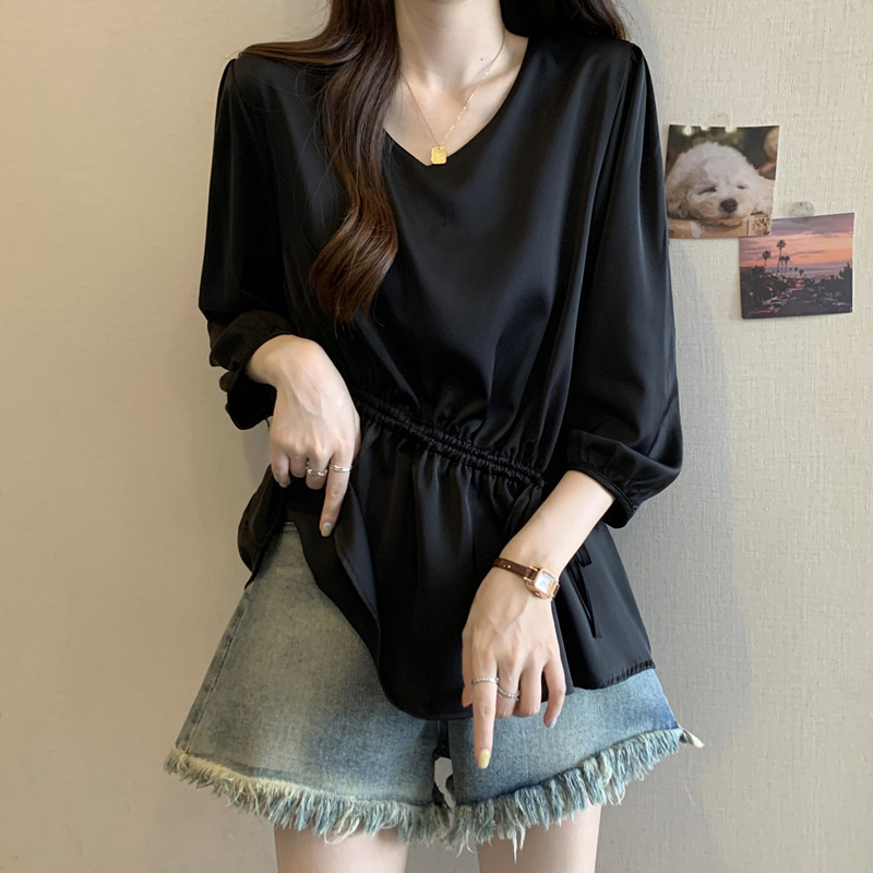 Real shot plus size women's v-neck slimming waist pleated short sleeve summer new age-reducing slimming shirt shirt