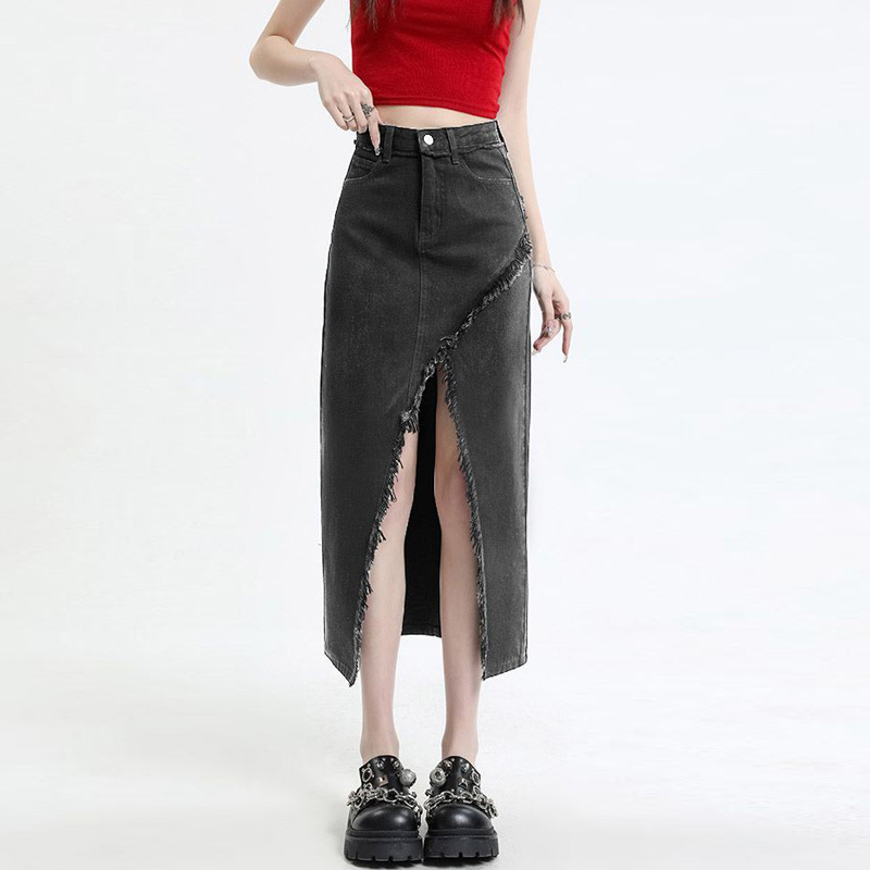 Woolen Skirt A- Line Denim Skirt Women's Irregular Split Design Sense Ins Style Thin Black Grey Hip Skirt