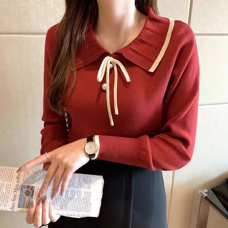 Picture of 2024 Spring and Autumn New Easiest for Match Doll Collar Bottoming Shirt Women's Long Sleeve Sweet Pullover Sweater with Knitted Sweater Top