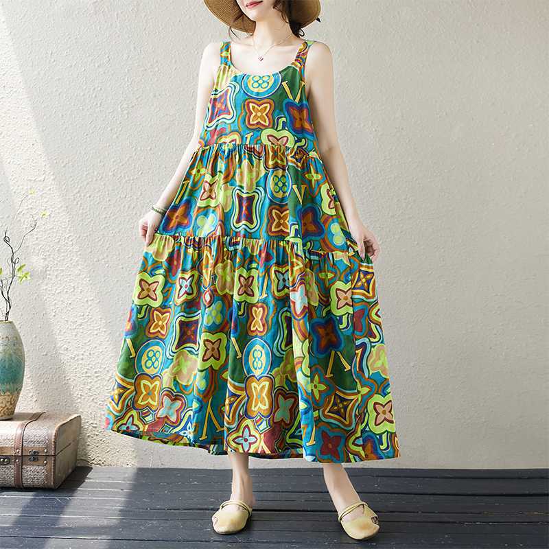 Vintage Artistic Sling dress Summer Long Cotton and Linen Dress Loose Mori Girl Sweet Strapless Sleeveless A- line Dress