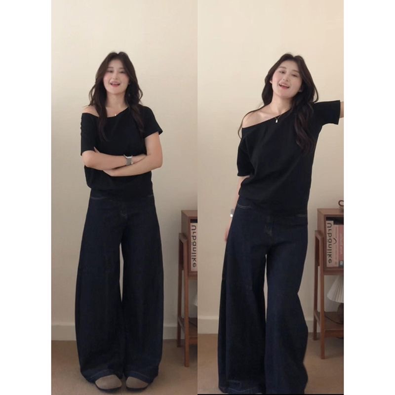 2025 New Pure Desire Slanted Collar Off-Shoulder Short-Sleeved T-Shirt Women's Summer Loose Cover-Up Slimming Look Sweet Sexy Design Top