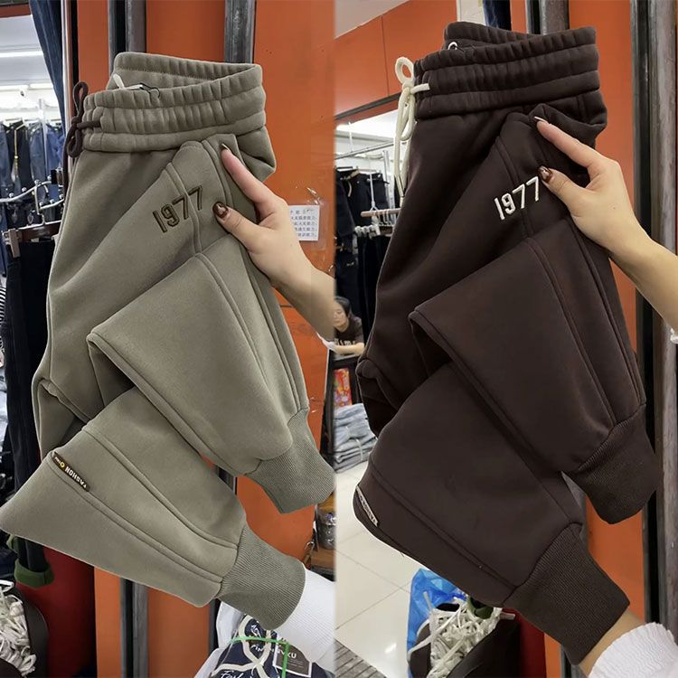 European goods 2023 Winter fleece-lined thickened ankle-tied casual pants women's loose small drawstring embroidered sports sweatpants fashion