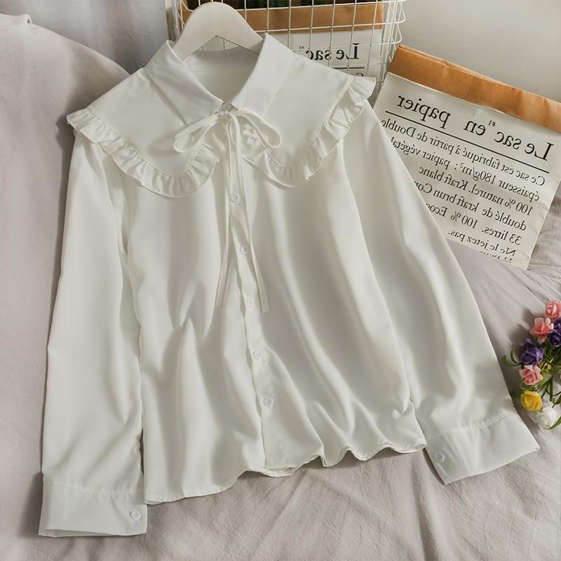 Shirt women's 2023 spring wooden ear lace-up lapel all-match top Western style single-breasted cardigan long sleeve bottoming shirt