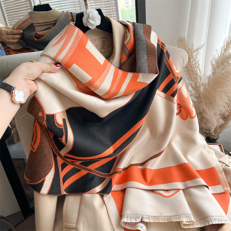 Picture of 2024 New Fashionable Big-Name Versatile Orange High-End Wool Cashmere Shawl Scarf for Women Winter Dual Use