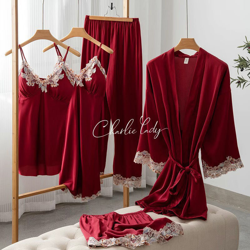 Picture of Spring and Autumn Pajamas Ice Silk Women's Spring and Summer Sexy Pajamas Five-piece Set Satin Nightgown Sling Nightgown with Chest Pad Home Clothes