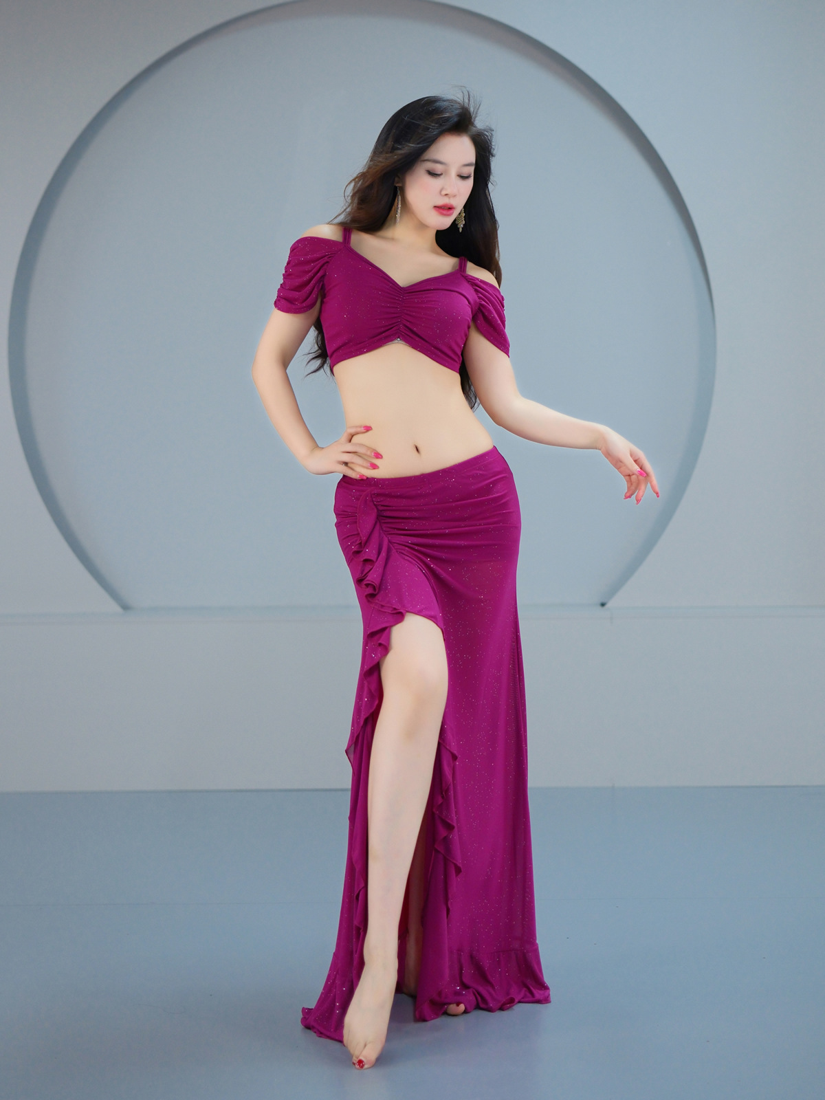 Belly dance practice new sexy slimming performance costume mesh oriental dance troupe outfit set for women 5077