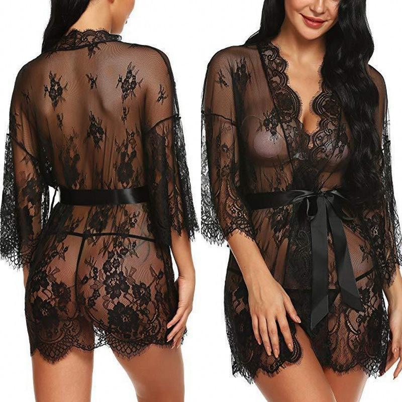 Lide Foreign Trade Sex Underwear Eyelash Lace Belt Long Sleeve Nightgown Sex Pajamas Women's Bathrobe Set