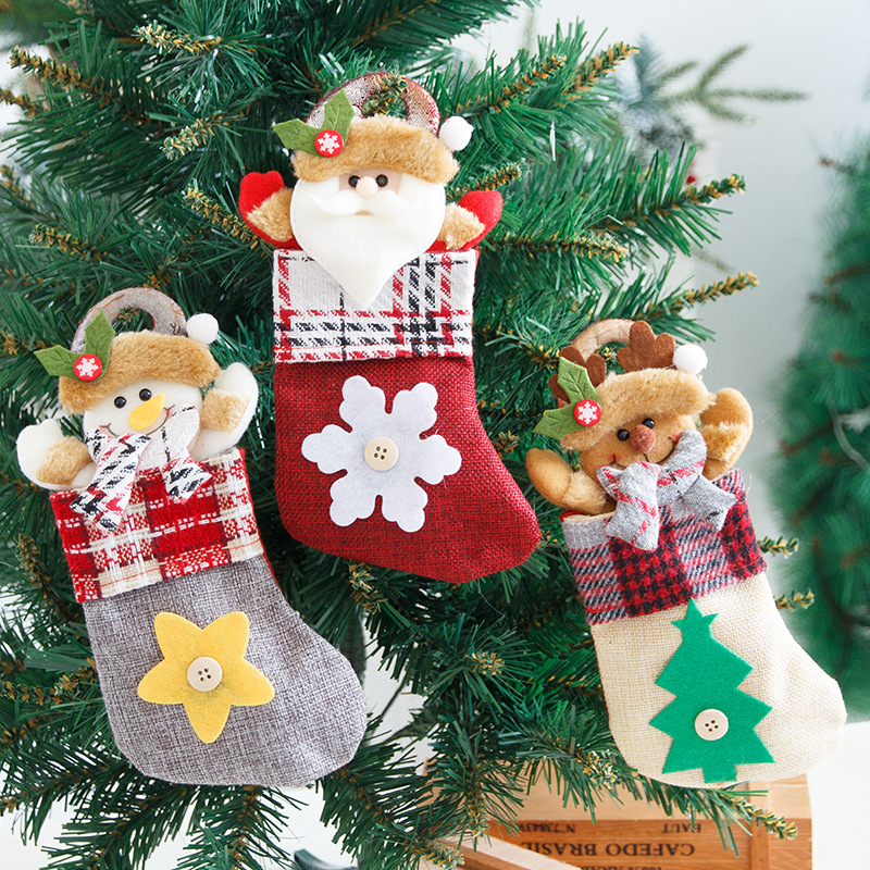 New Small Christmas Socks Christmas Small Socks Linen Cartoon Socks Pendant Decorations Candy Bag Gift Bag Gift