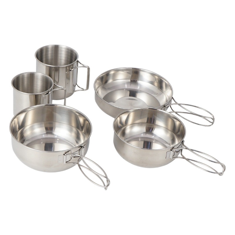 Cross-border outdoor 304 stainless steel cup bowl mountaineering portable 5-piece set pot camping picnic barbecue travel fishing tableware