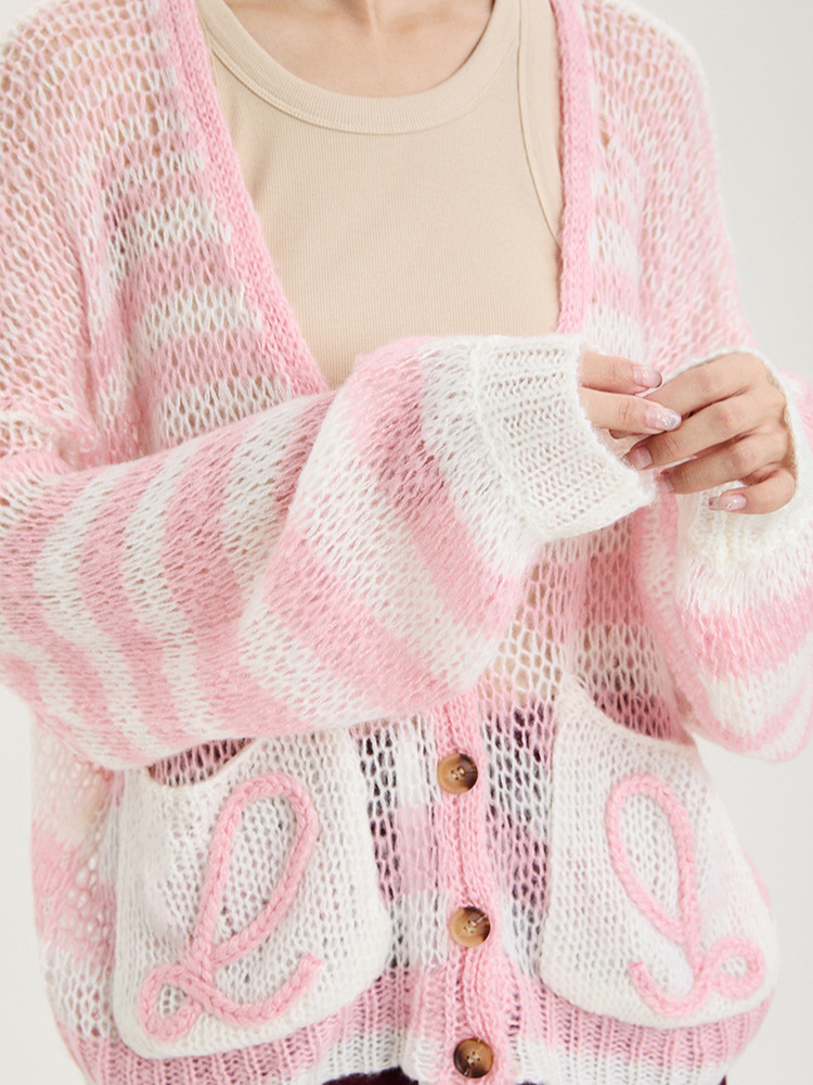 Picture of Spring and Autumn Fresh Lazy Loose Knitted Cardigan Top New Striped Contrast Color Hollow V-Neck Sweater Jacket for Women
