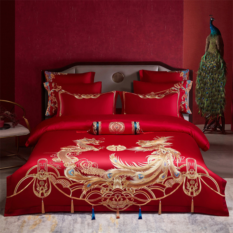 Picture of High-End 120S Pure Cotton Long-Staple Cotton Wedding Four-Piece Set New Chinese Style Dragon and Phoenix Embroidery Wedding Red Bedding