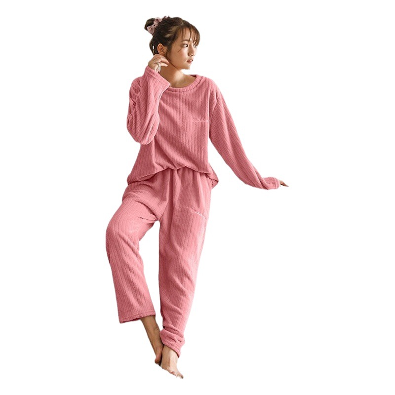 Autumn and Winter pajamas women's coral fleece thickened warm home wear casual round neck outer wear pullover flannel two-piece suit