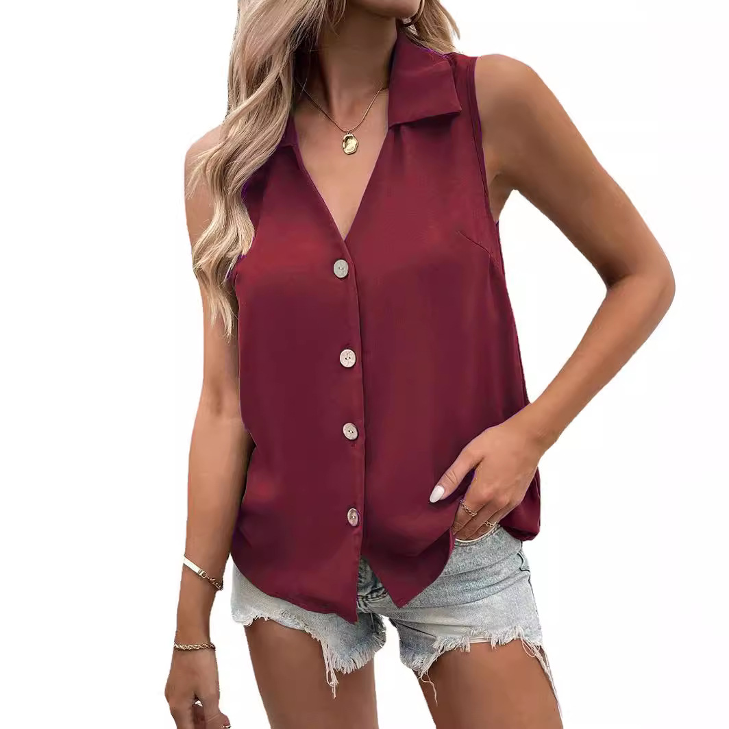 Picture of 2025 European and American Cross-Border Summer New Women's Clothing Pure Color V Neck Loose Chiffon Shirt Sleeveless Twist Button Vest Shirt for Women