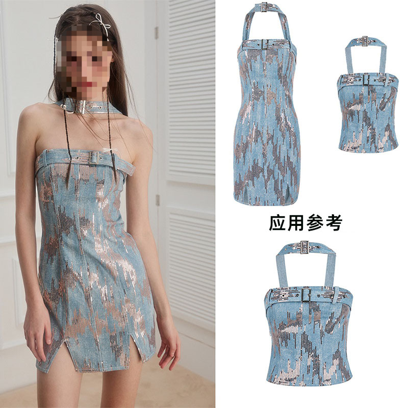 Picture of Champagne sequins dress dress washed Denim fabric clothing fabric clothing coat handmade DIY