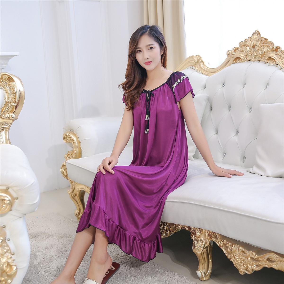 Summer Women's Nightgown Sling Ice Silk Sexy Dress Pajamas Silk-like Transparent Home Clothes Long Skirt