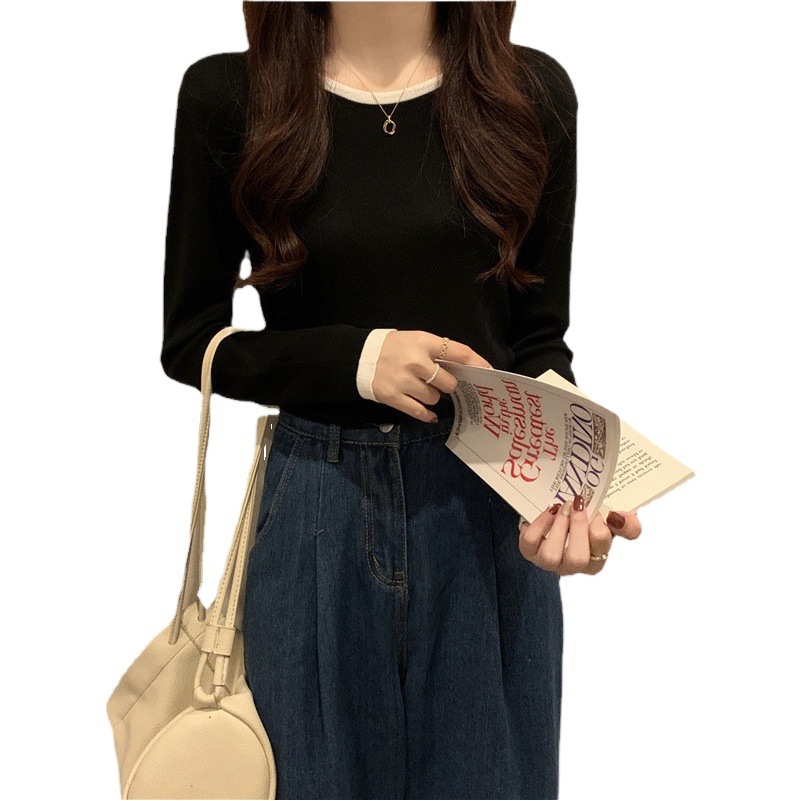 Picture of Intercolor Bottoming T-Shirt for Women in Autum New Long-Sleeved Niche Design Slim Round Neck Short Thin Top Wholesale