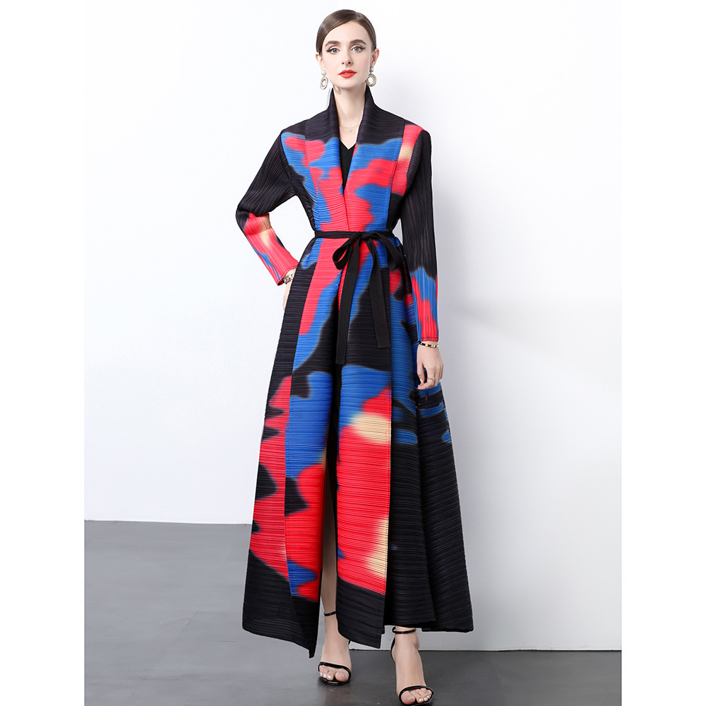 European and American Style Large Edition dress Women's Fashionable Western Style All-match Lapel Waistband Mid-length Pleated Printed Jacket