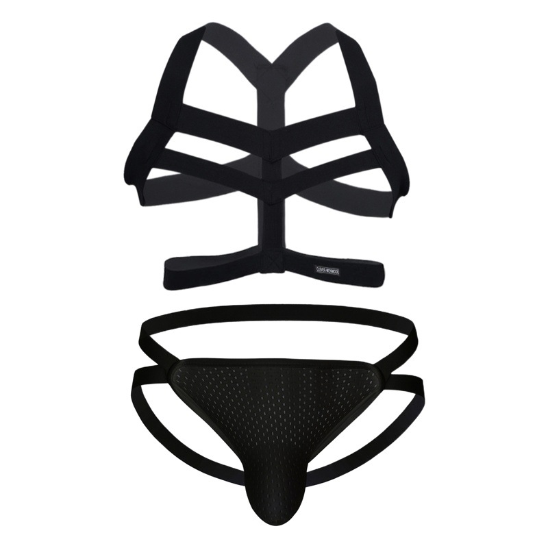 Men's Muscle Enlargement Sexy Gay Chest Strap Tight Restraint Belt Breathable Mesh Transvestite Double Thong Suit