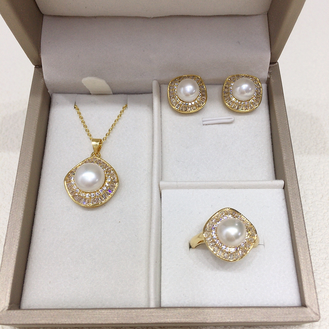 Grade 5A Natural Freshwater Pearl Pendant Earrings Ring Light Luxury Micro Set Square Zircon Pearl suit One Piece Wholesale