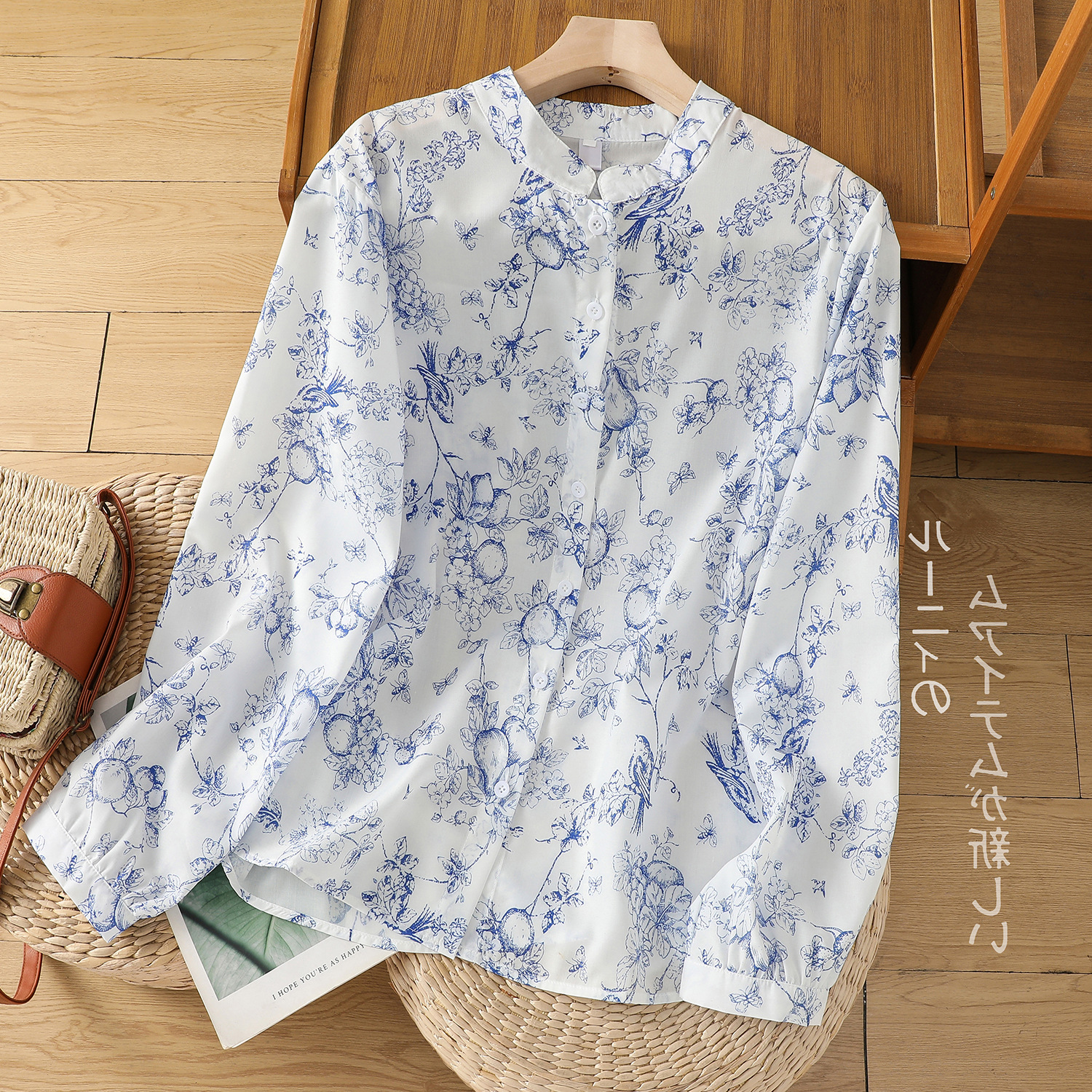 2024 Spring New Artistic Retro Printed Cotton and Linen Shirt Women's Fresh Casual Long Sleeve Cardigan Top with Vertical Collar