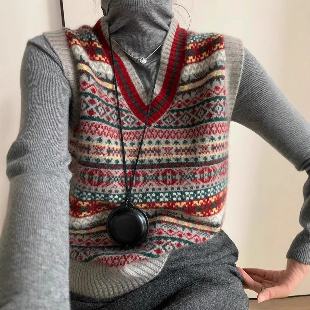 French-style Contrast Jacquard V-neck Knitted Sleeveless Vest Vest Women's Spring and Autumn Stacked Waistcoat Sweater Outer Thick Top