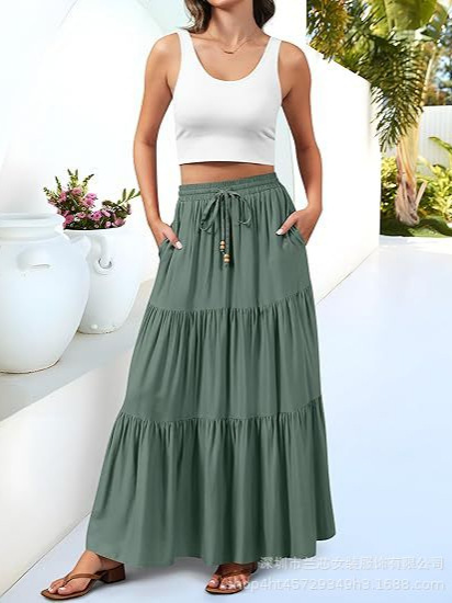 [Label Code] Pleated High-Waisted Flap Pocket Pants Long Skirt A-Line Elegant Layered Beach Skirt
