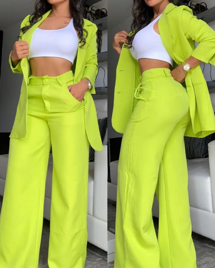 Picture of Cross-Border 2024 European and American Export Summer Women's Clothing Elegant Pure Color Slit Sleeves Lapel Suit Straight Pants Suit for Women