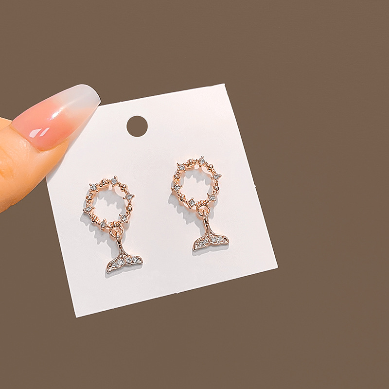 925 Silver Needle Korean-style Hollow-out Circle Diamond-encrusted Fishtail Earrings Ins Internet Popular Fashion Mermaid Ji Dolphin Earrings
