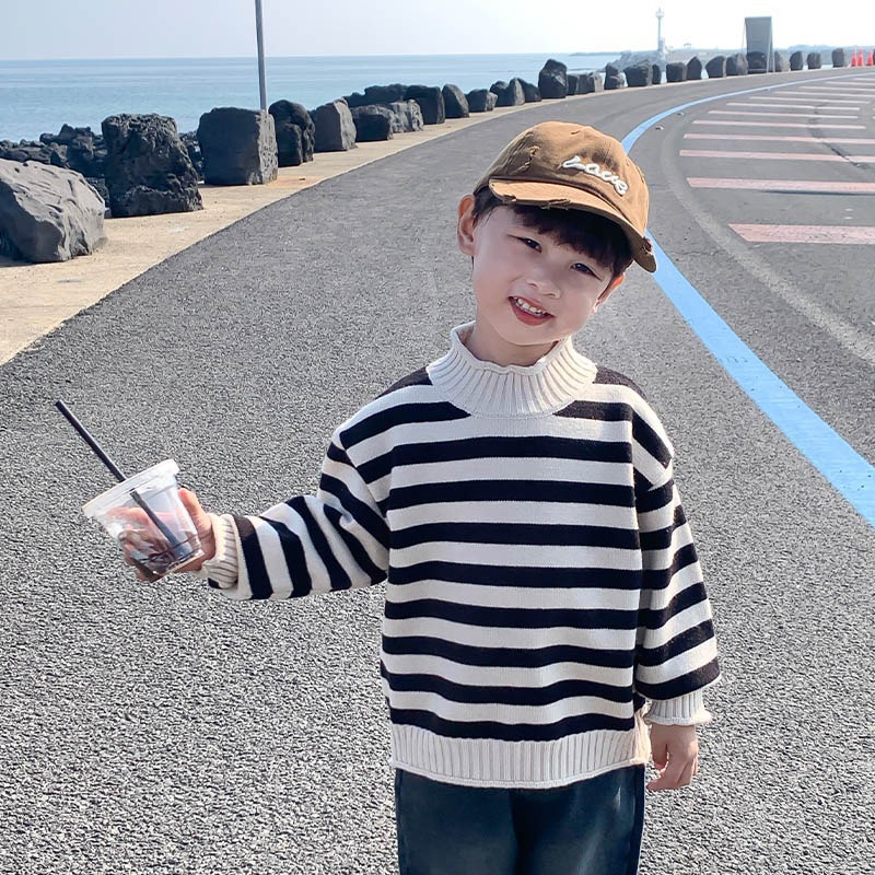 Picture of Girls' Sweater Turtleneck Autumn and Winter Boys' Thickened Striped Inner Wear Children's Baby's Knitted Base fleece-lined Sweater