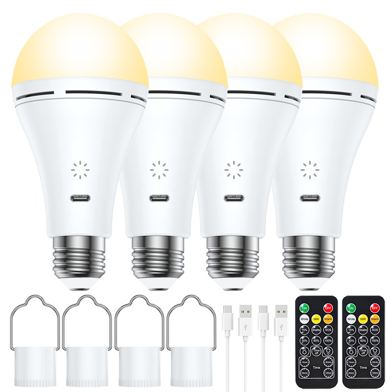USB Rechargeable Light Bulb E26 Lamp Holder 3 Color Temperature Adjustable Power Outage Emergency Light Bulb Outdoor Portable Camping Style Light