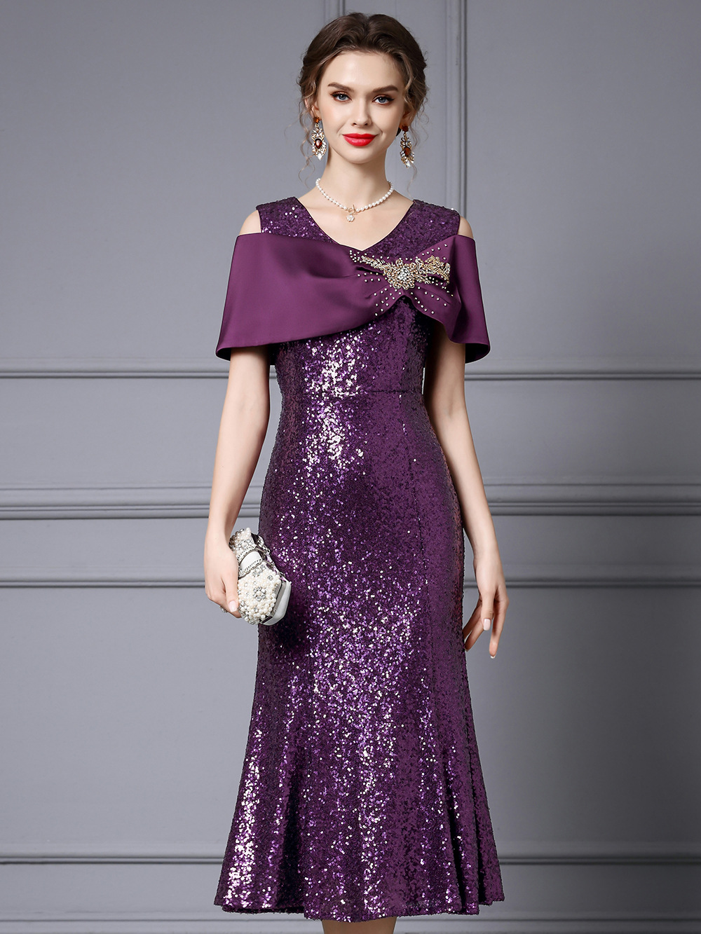 Zhili Banquet dress Women's 2025 New Summer Dress Superior Purple Beaded Sheath Ruffled Long Skirt