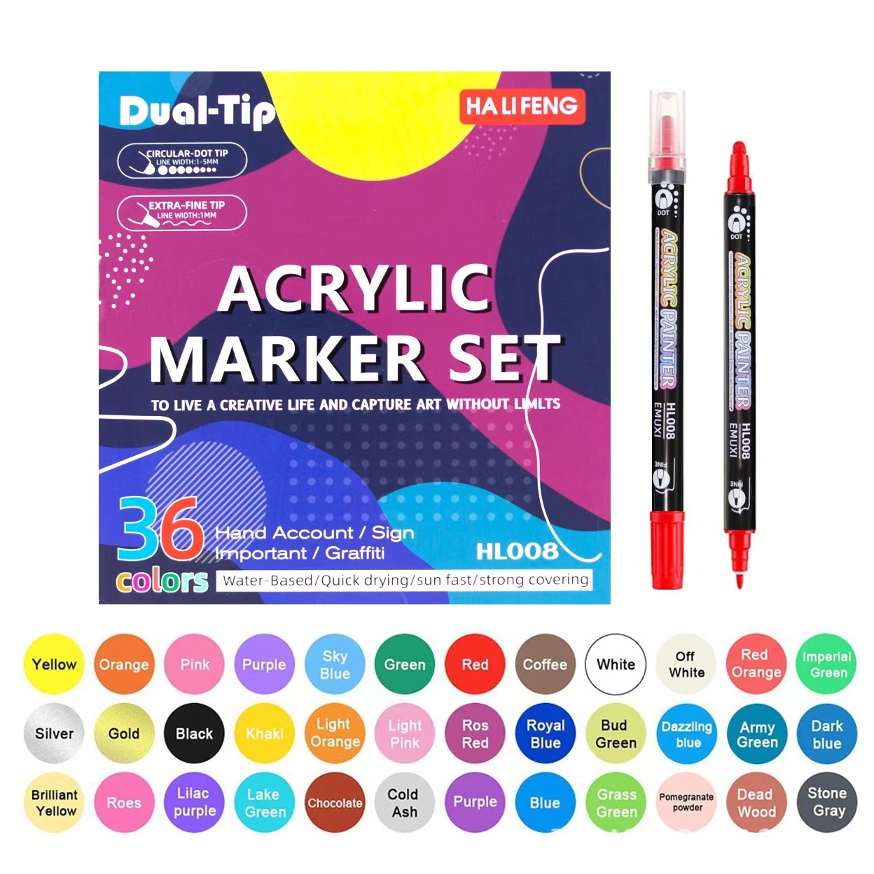 EMUXI Double Head Acrylic Marker Pen Stackable Soft Head Color-opaque Children's Brush Graffiti Watercolor Pen Doodle Head