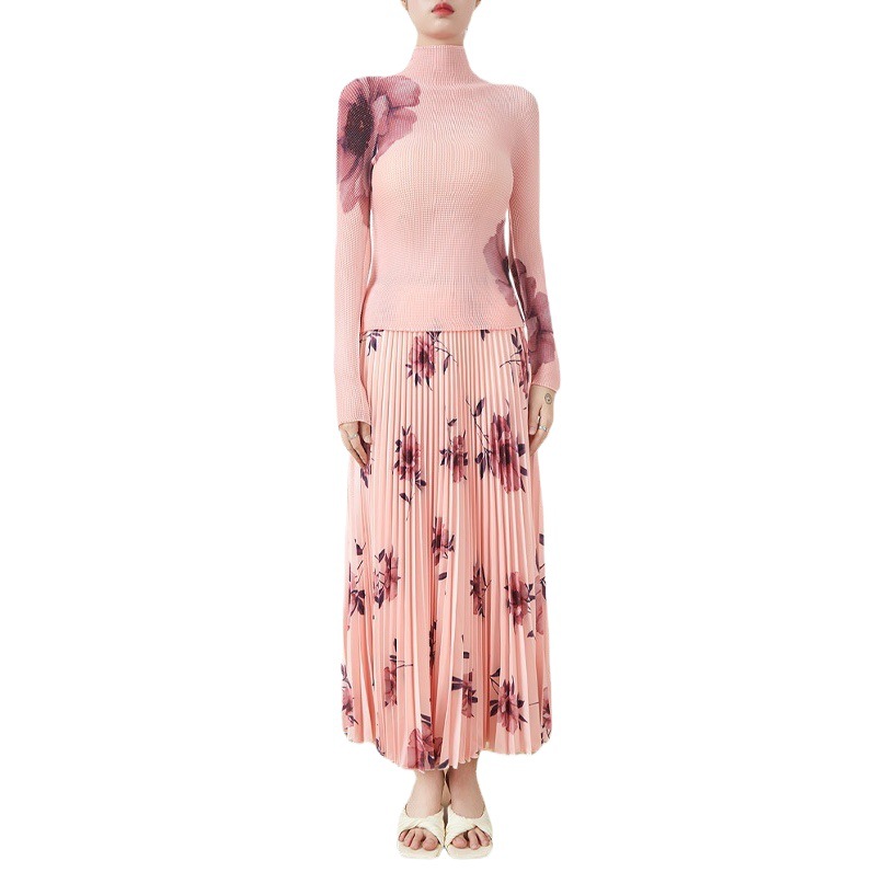 Miyake Fashion Pleated Long-Sleeved Floral Top High-Waisted Skirt Two-Piece Set European and American Cross-Border High-End Fashion Suit