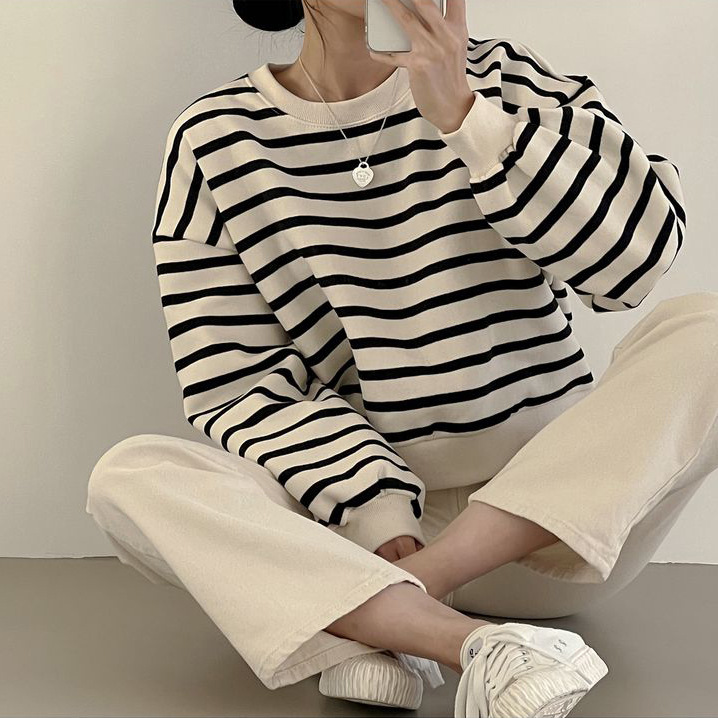 3 Color Striped Sweater Women's 2023 New Short Women's Loose Autumn and Winter Thickened Fleece-Lined Top Thin Korean Style
