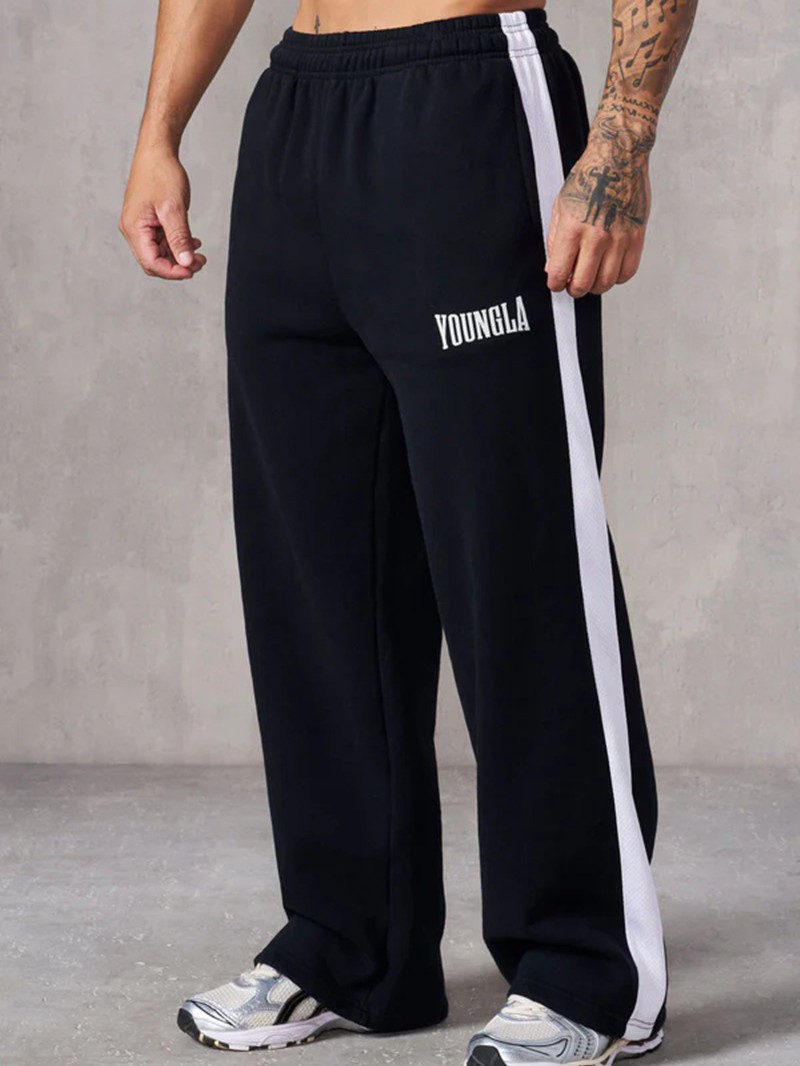 YOUNGLA New Running Casual Breathable Splice Pants Fitness Sports Blue Ball Straight Loose Wide Leg Pants