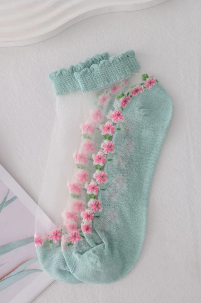 Picture of Floral Glass Silk Women's Summer Short Socks Japanese Style Cute Fresh Style ins Short Socks Cotton Bottom Sweat Absorbing Breathable Socks