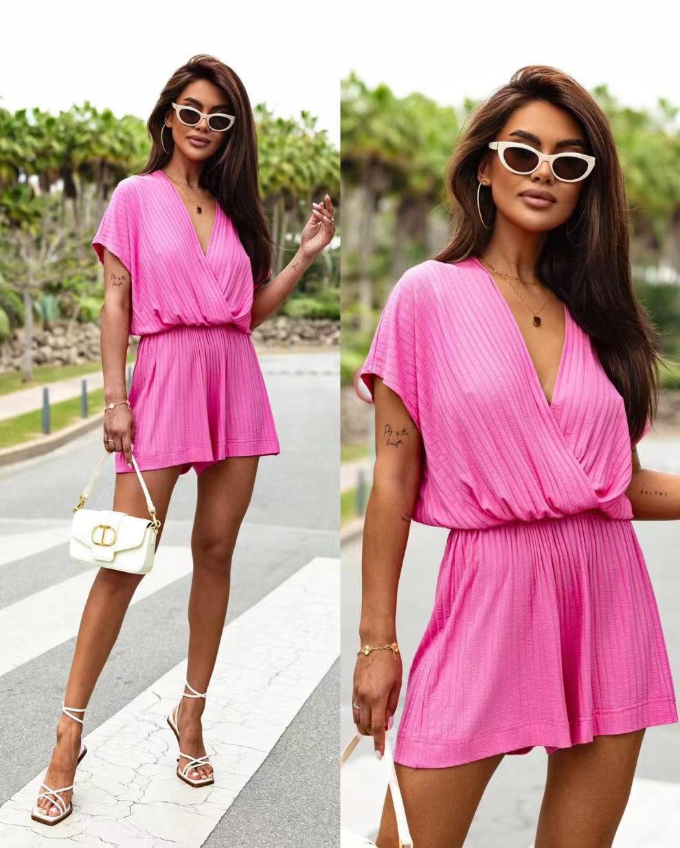 Picture of Popular European and American Foreign Trade Cross-Border Amazon Summer Casual Simple Women's V Neck Waist Shorts Multi-Color Jumpsuit
