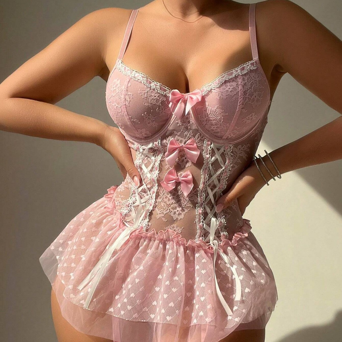 European and American foreign trade supply new sexy steel ring gather temptation transparent mesh bow conjoined sexy underwear
