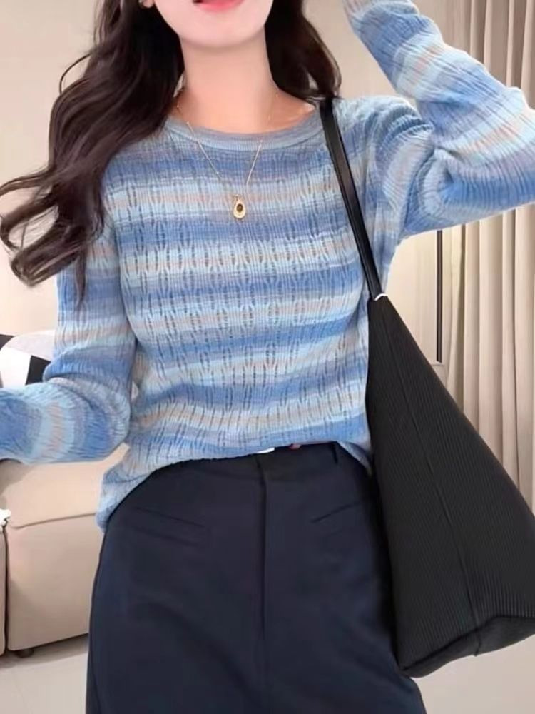 Autumn and Winter Gentle Style Temperament Base Shirt Internet Popular Fashion Dopamine Striped Knit Shirt Women's Inner Niche Top