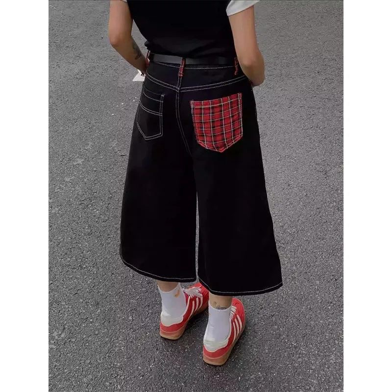 American Style Vintage Washed Black and Red Pair Stitching Jeans Women's Summer High Waist Slim-fit Loose Dipped Cropped Wide-leg Pants