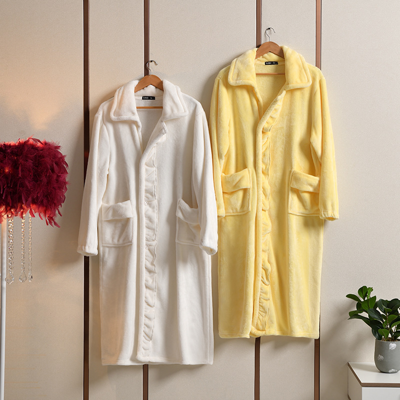 Picture of Women's nightgown fleece-lined thickened long-sleeved sweet small lapel nightdress autumn and winter flannel pajamas home wear