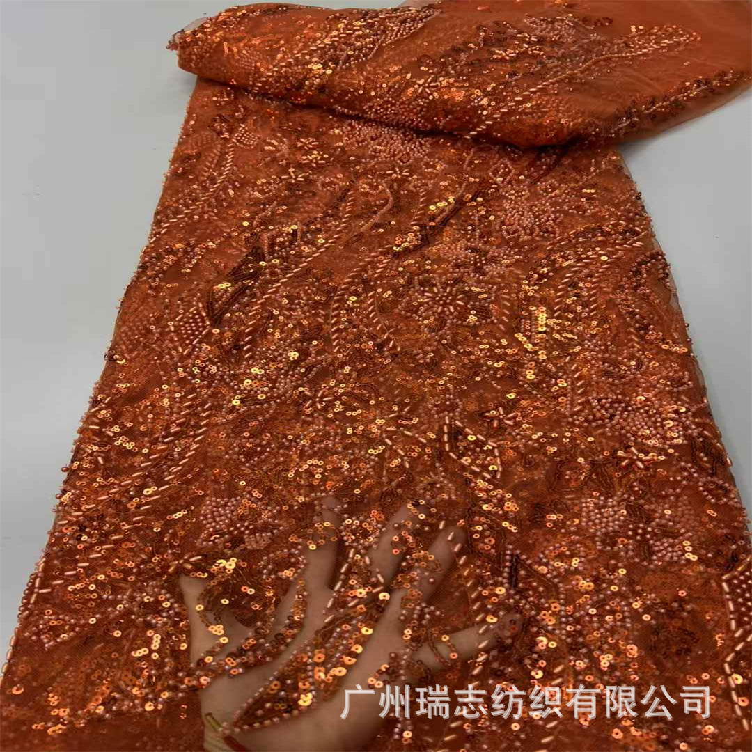 Picture of Purple heavy industry sequined embroidered plant pattern three-dimensional lace dress wedding dress cheongsam fabric lace