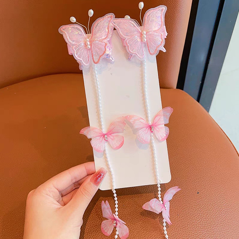 Picture of Little girl's new ancient style handmade butterfly pearl chain braided hairpin princess fairy head flower bead hair band headdress