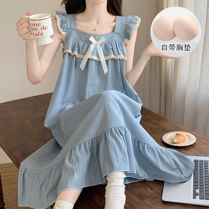 Cross-border pajamas women's summer sweet cotton thin with chest pad suspenders nightgown home clothes can be worn outside a generation of hair