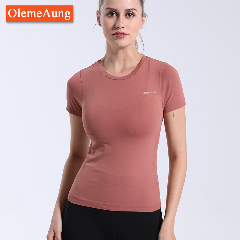 Printed Letter Sports Short-Sleeved Women's Fitness Clothing Seamless Knitted Am Tight T-Shirt Quick-Drying Clothing Yoga Clothing Body Shaping