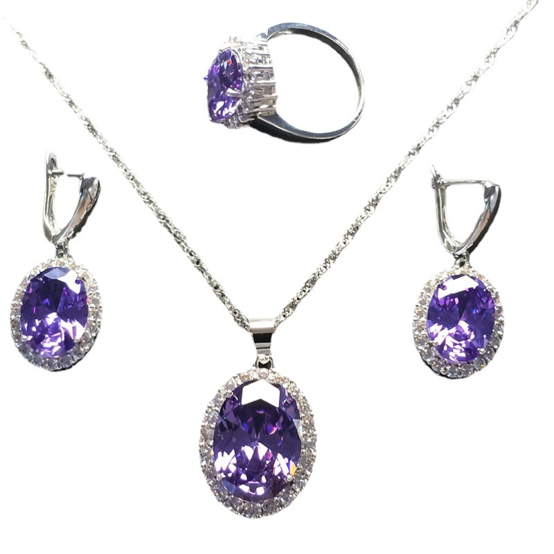 European and American Cross-border Zircon Jewelry Set Decorations Amazon Ring Necklace Earrings Inlaid Zircon Three-piece Set