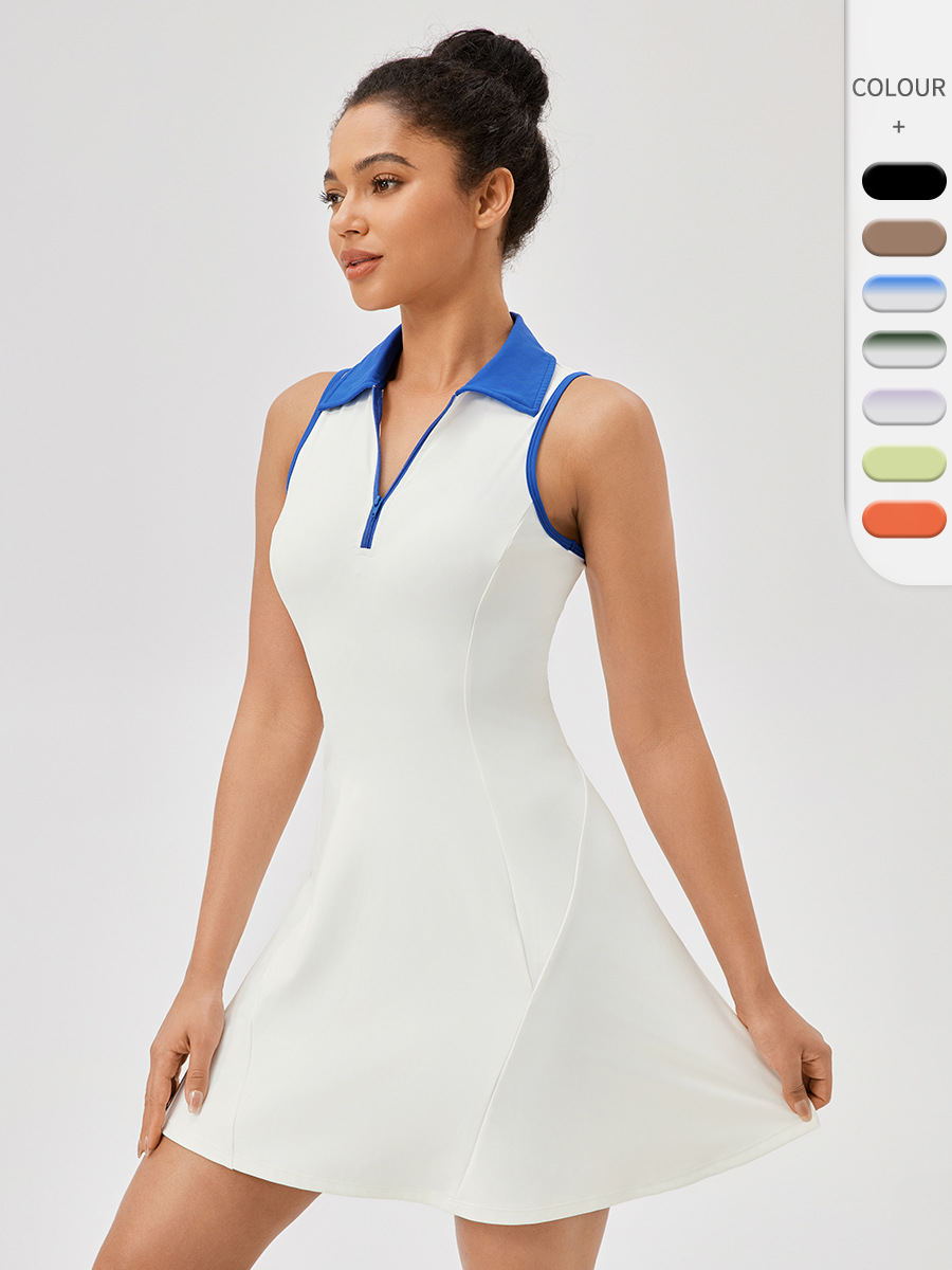 European and American Lapel One-Piece Tennis Skirt for Women Quick-Drying Breathable Waist Contrasting Color Sports Casual Fitness Dress 42157
